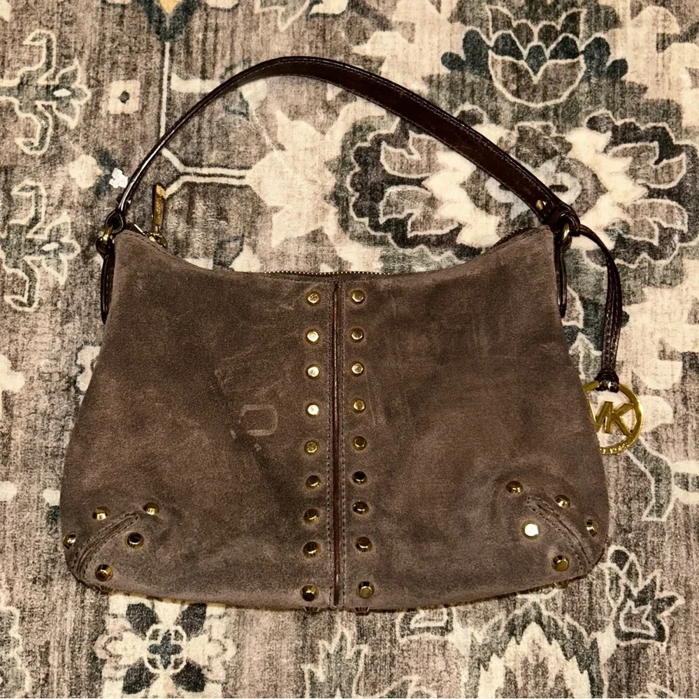 Michael Kors VTG y2k Taupe Suede Shoulder Bag with Gold Accents